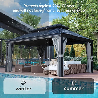 Aoxun 12' X 16' Permanent Hardtop Gazebo Aluminum Gazebo with Galvanized Steel Double Roof for Patio Lawn and Garden, Curtains and Netting Included, and LED Outdoor Waterproof Hanging Lights, Grey