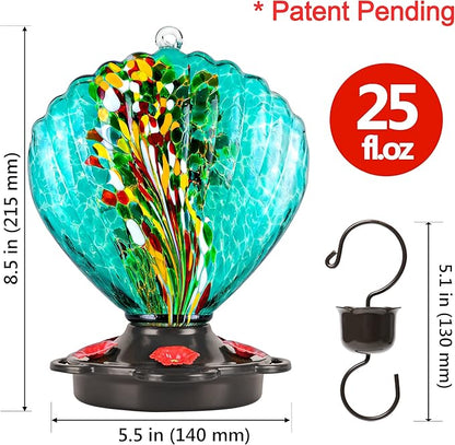 LUJII Seashell Shaped Hand Blown Glass Hummingbird Feeder for Outdoors Hanging, Rust Proof & Leak Proof, 25 fl.oz, Unique Gardening Gift for Women, Garden & Backyard Decor, Teal