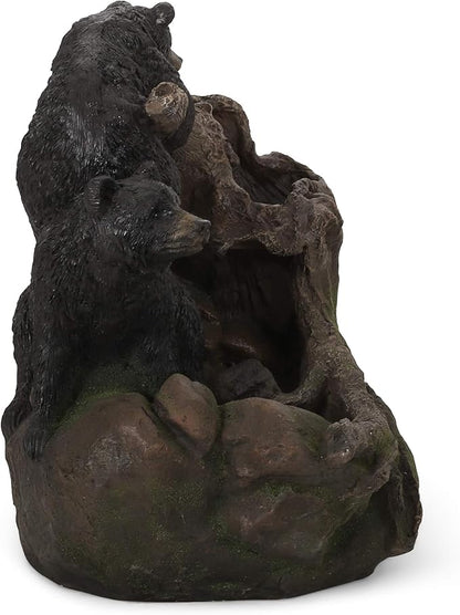 Merax 22" High Bear Log Fountain, Outdoor Weather-Resistant Fountain with LED Lights, 2-Tier Waterfall for Garden or Patio, Light Brown+Black