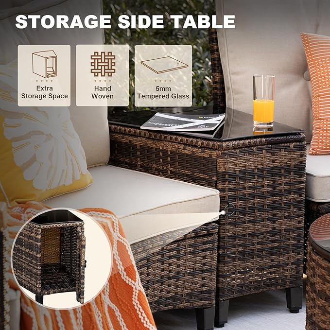 MEISSALIVVE 8 Piece Outdoor Patio Furniture Set, Half-Moon Curved Sectional Set with Wood Armrests, Patio Conversation Set, 2 Half-Moon Ottomans, Round Table & Side Table (Brown)