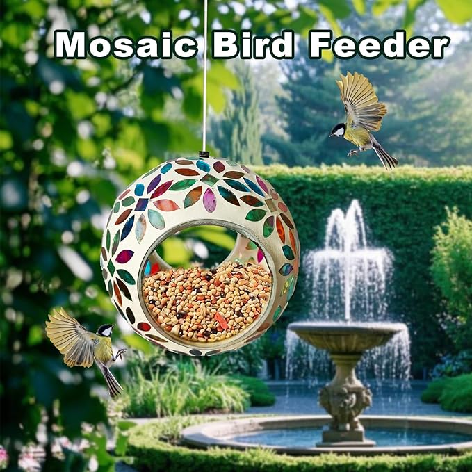 Mosaic Bird Feeder, Outside Hanging with Round Shape Glass BirdFeeders to Attract More Wild Birds, Mosaic Fly Through for Garden, Yard, Backyard, Deck and Porch Decor, Multicolor 7-Inch