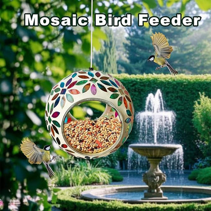 Mosaic Bird Feeder, Outside Hanging with Round Shape Glass BirdFeeders to Attract More Wild Birds, Mosaic Fly Through for Garden, Yard, Backyard, Deck and Porch Decor, Multicolor 7-Inch