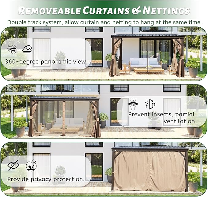 8’ x 12’ Lean to Gazebo, Outdoor Wall Mounted Gazebo Aluminum Frame, Hardtop Pergola with Galvanized Steel Sloping Roof for Patio Deck Garden Backyard, Curtain and Netting Included