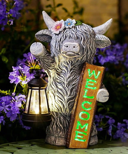 Nacome Highland Cow Garden Statue for Decor: Outdoor Sculpture with Solar Lantern and Welcome Sign for Outside Ornament Yard Art Lawn Porch Patio Balcony - Birthday Gifts for Women Mom(Gray)