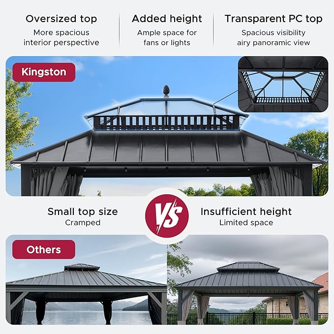 SUNJOY Kingston 12' x 10' Hardtop Gazebo with Galvanized Steel/Polycarbonate Double Roof, Curtain and Netting, Gray Aluminum Posts Permanent Pavilion Gazebo for Garden, Patio, Deck, Lawn