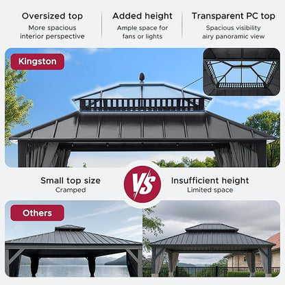 SUNJOY Kingston 12' x 10' Hardtop Gazebo with Galvanized Steel/Polycarbonate Double Roof, Curtain and Netting, Gray Aluminum Posts Permanent Pavilion Gazebo for Garden, Patio, Deck, Lawn