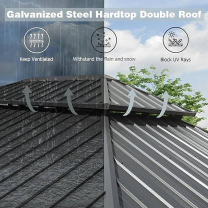Domi Hardtop Gazebo 10x12FT, Aluminum Outdoor Gazebo with Galvanized Steel Double Roof Canopy, Curtains and Netting Included, Metal Gazebo Permanent Pavilion for Patio, Lawn, Garden, Gray