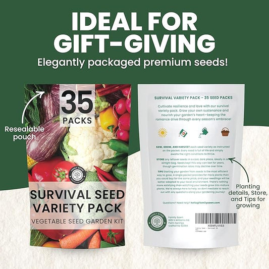 35 Vegetable Seed Packets | Survival Variety Pack | 2025 Season | Individually Packed Vegetables, Herbs and Fruits | Emergency Seed Vault for Doomsday Prepping | by Family Sown