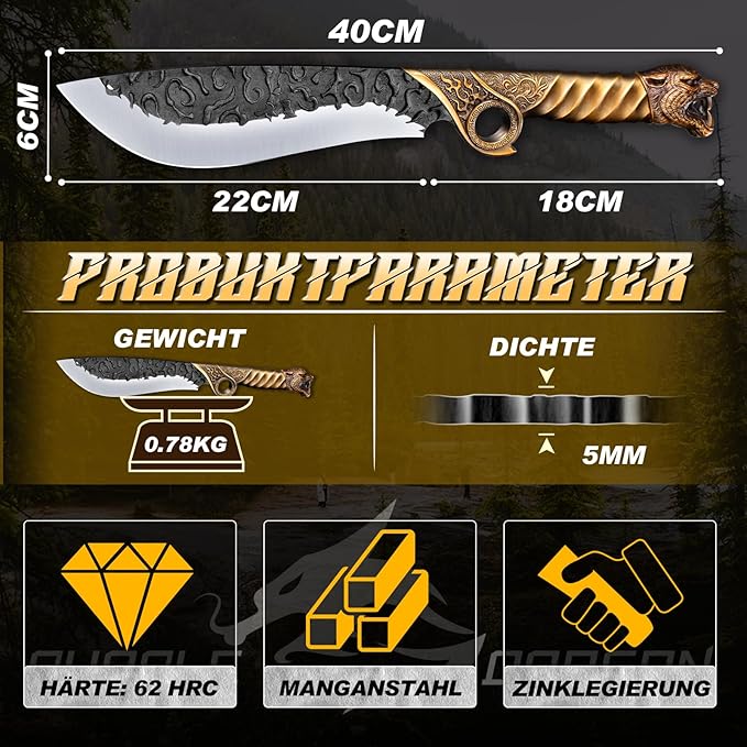 Purple Dragon Heavy Duty Machete for Cutting Trees – Japanese Forged Survival Machete with Tiger Head Handle, Gardening Machetes with Leather Sheath, Yard Work & Outdoor Camping Machetes