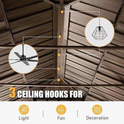 Domi 14' X 20' Hardtop Gazebo Large Outdoor Metal Gazebo with Galvanized Steel Double Roof Canopy, Aluminum Frame, Curtains and Netting for Patio, Deck, Garden, Brown