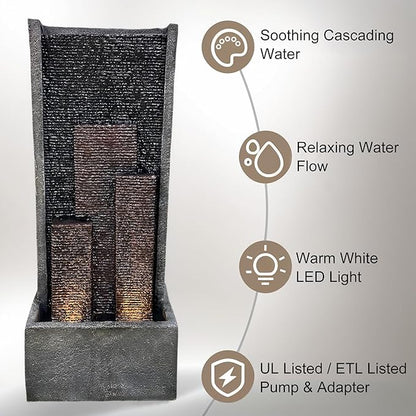 39.37" H Modern Water Fountain with Lights & Pump, Indoor/Outdoor Cascading Resin Waterfall Standing Fountain for Garden, Patio, Yard, Christmas Decor