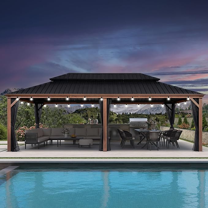 PURPLE LEAF 14' X 24' Outdoor Hardtop Gazebo for Patio Galvanized Steel Double Roof Permanent Canopy Teak Finish Coated Aluminum Frame Pavilion Gazebo with Netting and String Lights