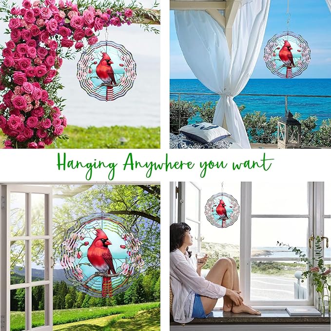 3D Cardinal Wind Spinner 3D Bird Spinners with Flower for Yard and Garden 3D Stainless Steel Cardinal Spinner with Unique Visual Effect Perfect Garden Decoration and Gift 10Inch
