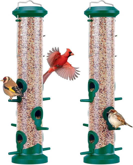 Kingsyard 2 Pack Tube Bird Feeders for Outdoors Hanging, Premium Hard Plastic Bird Feeder with 6 Feeding Ports, Weatherproof & Steel Hanger, Attracting for Wild Birds (Green)