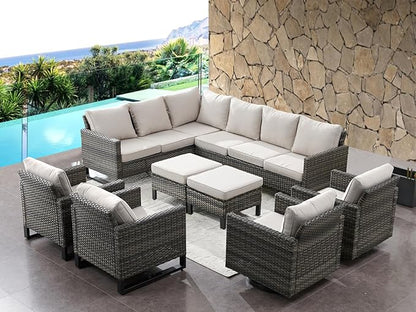 HUMMUH 9 Piece Patio Furniture All Weather 6-Seater Outdoor Sectional Sofa with Patio Swivel Chairs and Outdoor Chairs Ottomans for Porch,Garden,Backyard,Deck