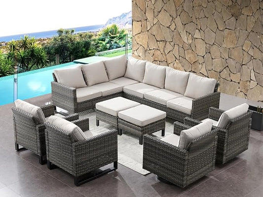 HUMMUH 9 Piece Patio Furniture All Weather 6-Seater Outdoor Sectional Sofa with Patio Swivel Chairs and Outdoor Chairs Ottomans for Porch,Garden,Backyard,Deck