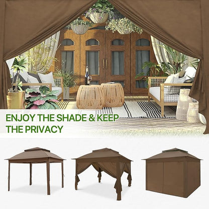 COOS BAY 11x11 Pop-up Instant Gazebo Tent with 4 Sidewalls Outdoor Canopy Shelter with Carry Bag, Stakes and Ropes, Brown