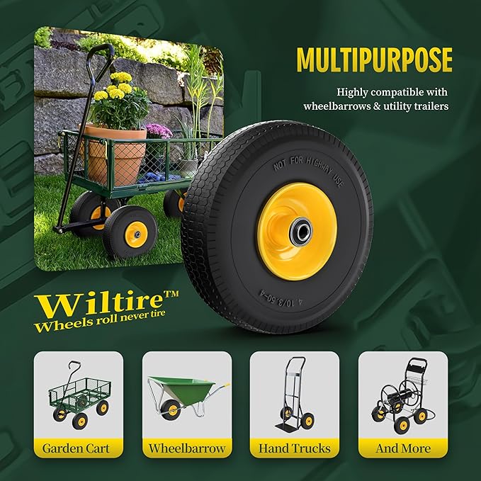 (2 Pack) 4.10/3.50-4 Flat Free Tire and Wheel 10-Inch Solid Wheel Replacement with 5/8 Extra 3/4 &1/2 Bearings,2.2" Offset Hub -Compatible with Hand Truck,Wheelbarrow(Wave,Yellow)