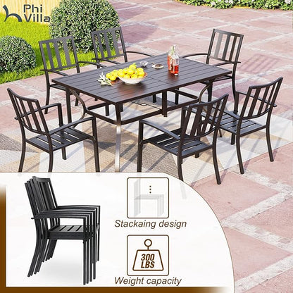 PHI VILLA 7 Piece Patio Dining Set with Umbrella, 60” Rectangular Metal Dining Table & 6 Stackable Metal Chairs & 13ft Large Navy Umbrella for Outdoor, Deck, Yard, Porch