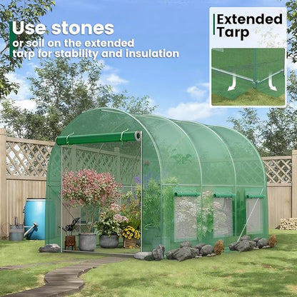 Walk-in Greenhouse 10×7×7FT, Outdoor Tunnel Greenhouse, Large Plant Hoop House for Outside, Hot House for Winter with 6 Ventilated Mesh Windows, Galvanized Steel Frame (Green, 10×7×7FT)