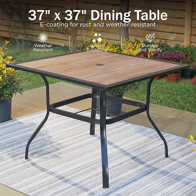 PHI VILLA 5 Piece Outdoor Dining Set for 4, 37” Metal Steel Dining Table with Wood-Like Tabletop & Stacking Wrought Iron Chairs for Patio, Deck, Yard