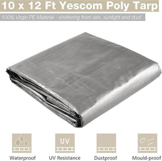 Yescom 10x12ft Heavy Duty Reinforced Poly Tarp 10-mil Waterproof Tarpaulin Ground Sheet Camping Tent Cover with Eyelets Reversible Silver Black Tarps