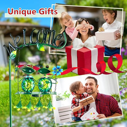 HONGLAND Outdoor Garden Solar Lights,Frog Swing Garden Decor,Frog Decorative Stake with Welcome Sign for Landscape Patio Yard (48 inch)