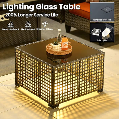 ovios 7 Pieces Patio Furniture Set with 42" Fire Pit Table, Outdoor Sofa Couch with Solar Lights Table Comfy Cushions, Modern Deep Seat Wicker Rattan Conversation Set, Orange Red