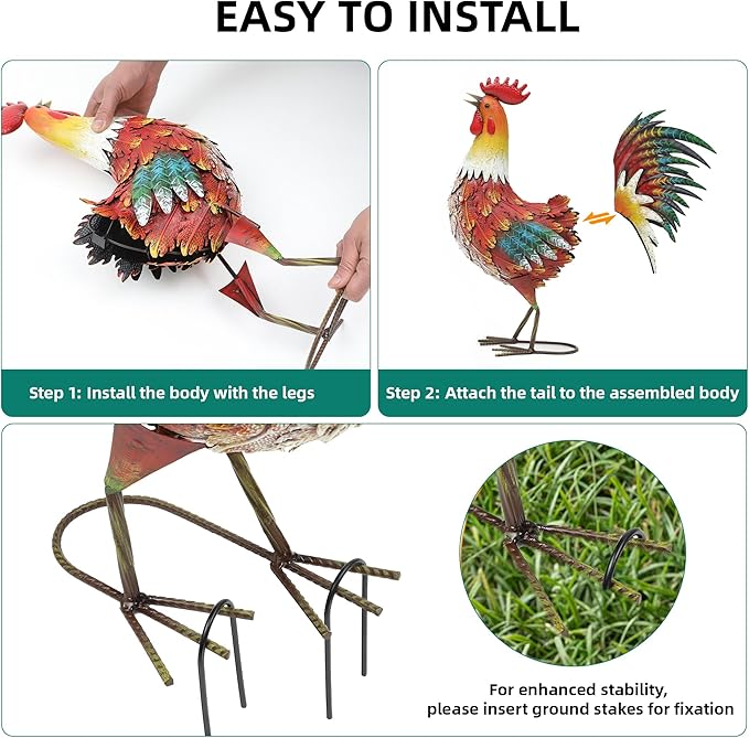 21" Metal Rooster Yard Decor, Outdoor Garden Statues, Metal Chicken Sculpture for Backyard Patio Kitchen Decor