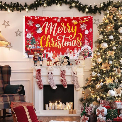 XIFAN Christmas Flag Double Sided 3x5 ft Outdoor, Large Merry Christmas Banner with Red Gnome Buffalo Plaid Truck Xmas Tree Snowman, Winter Holiday Gift Wall Decor Decoration