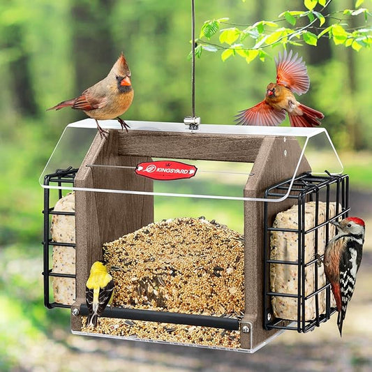 Kingsyard Hopper Bird Feeder for Outdoors Hanging, Recycled Plastic Double Suet Feeder with Clear View Windows, 3 LBS Seed, Cardinal Woodpecker Bluebird Feeder, Brown