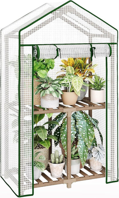 Bamworld Mini Greenhouse Indoor Outdoor 2-Tierd Reusable Portable Warm House with PE Cover Compact Garden and Backyards Portable Rack with Sturdy Eucalyptus Frame Winter-Proof for Plant Protection