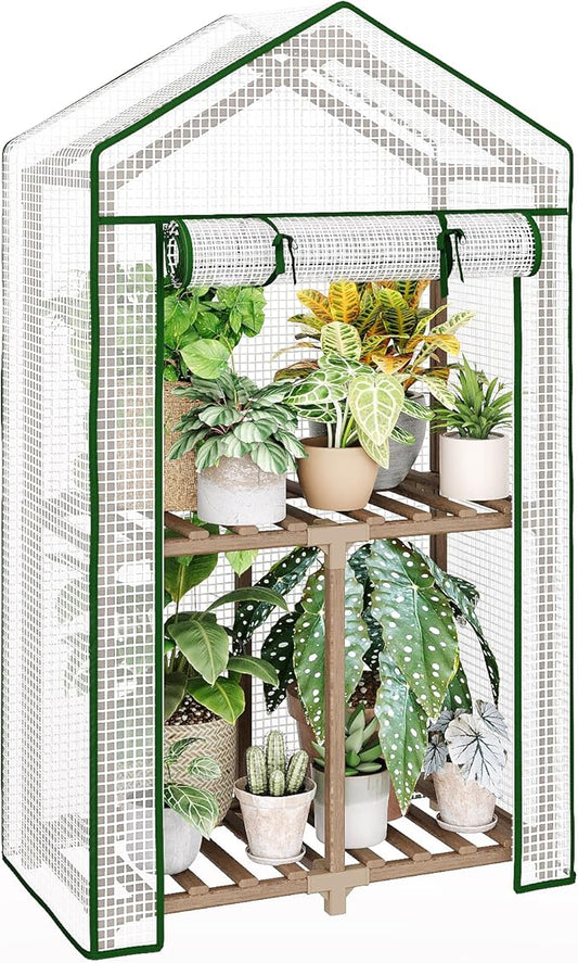 Bamworld Mini Greenhouse Indoor Outdoor 2-Tierd Reusable Portable Warm House with PE Cover Compact Garden and Backyards Portable Rack with Sturdy Eucalyptus Frame Winter-Proof for Plant Protection