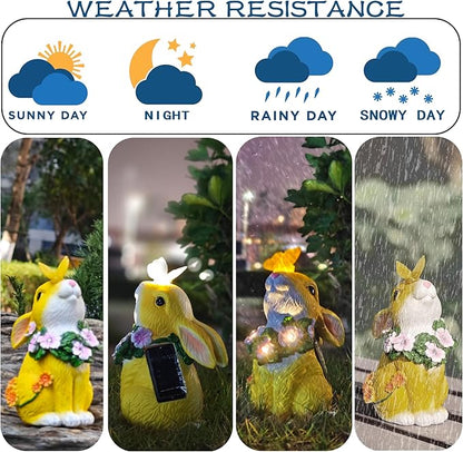 Solar Resin Rabbit Garden Outdoor Statue – Yellow Bunny Figurines with LED Floral Wreath & Butterfly, Decor for Patio Lawn Porch Yard Ornaments for Mom Grandma Wife