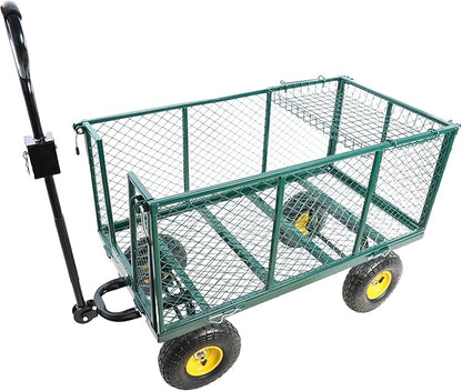 Heavy Duty Garden Wagon with Foldable Sides, Pneumatic Tires, Adjustable Handle (Green + Cloth Pocket)