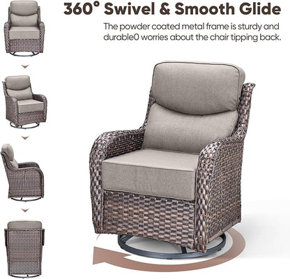Swivel Patio Chairs sofa Set of 4 with 6" Thick Cushion - Wicker Outdoor Swivel Rocker Patio Chair ,Sofa/Glass coffee table, High Back Comfortable Outdoor Glider Chairs - Brown Wicker Grey Cushions