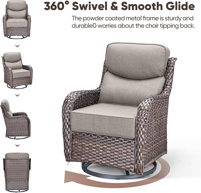 Swivel Patio Chairs sofa Set of 6 - 6" Thick Cushion - Wicker Outdoor Swivel Rocker Patio Chair ,Sofa/Glass coffee table, High Back Comfortable Outdoor Glider Chairs - Brown Wicker Grey Cushions