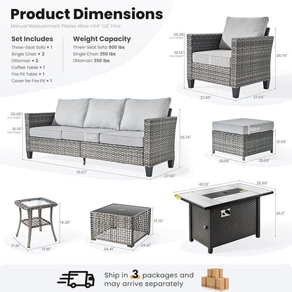ovios 7 Pieces Patio Furniture Set with 42" Fire Pit Table, Outdoor Sofa Couch with Solar Lights Table Comfy Cushions, Modern Deep Seat Wicker Rattan Conversation Set, Grey