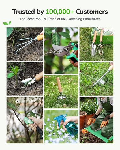 All-in-One Garden Tool Set, 11-Piece Heavy Duty Gardening Tools with Ergonomic Canvas Shoulder Crossbody Bag, Rust-Proof Premium Garden Tool Kit, Gardening Gift for Women Men, Green, GR003