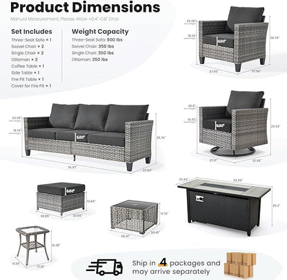 ovios 10 Pieces Patio Furniture Set with Swivel Chairs Rocking Gliders, 54" Fire Pit Table, Outdoor Sofa Couch with Solar Lights Table, Modern Deep Seat Wicker Rattan Conversation Set, Black