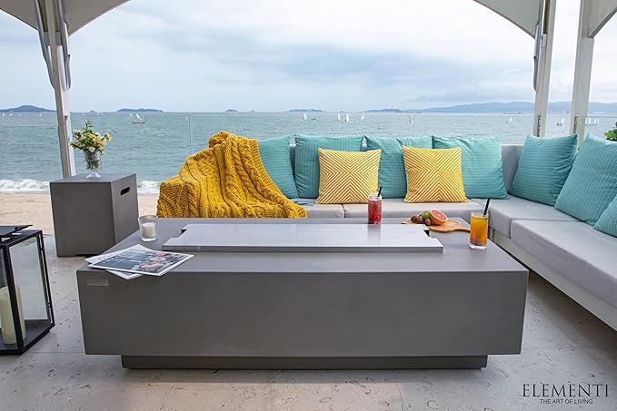 Elementi Granville Gas Fire Pit Bundle Concrete Fire Table, Outdoor Fire Pit Electronic Ignition | Canvas Cover, Lava Rock Included | Free AMS Wind Guard | Light Gray (Natural Gas)