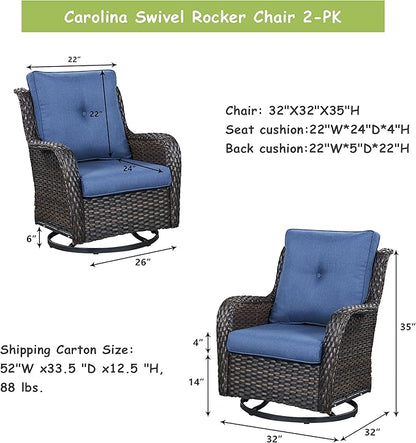 Outdoor Patio Swivel Rocker Chairs - Wicker Rattan Patio Swivel Rocking Chairs Set of 2 with High Back,Deep Seating and Comfort Cushions for Deck Porch Garden,Brown/Blue