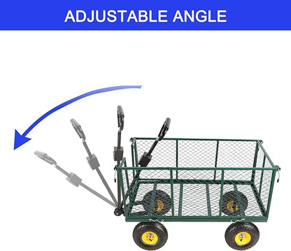 Heavy Duty Garden Wagon with Foldable Sides, Pneumatic Tires, Adjustable Handle (Green + Cloth Pocket)