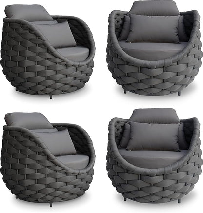 4 Pcs Patio Rope Accent Chair: Aluminum Single Lounge Armchair - Large Woven Chair Cushioned - Modern Arm Chair Assembled for 400lbs Outdoor Lanai Deck Balcony Porch Yard Garden Hotel, Dark Gray