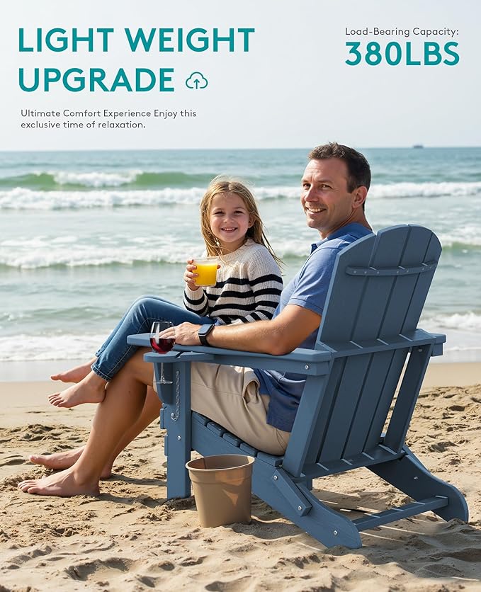 SERWALL Folding Adirondack Chair, Dual Cup Holders & All-Weather HDPE, Wood-Like Patio Chair for Backyard, Camping，Pool & Fire Pit- Navy