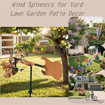 Garden Handmade Metal Rock Band Drummer Guitar Windmill, Kinetic Art Metal Sculpture Wind Spinners, Percussionist Music Rockin Art Figurine, Windmills for Yard Lawn Patio Outdoor Decor (Guitar)