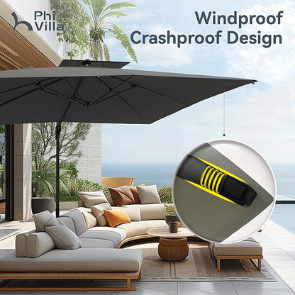 PHI VILLA Cantilever Patio Umbrella with Base, 9' X 12' Outdoor Large Rectangluar Umbrellas with 360°Rotation, Heavy Duty Hydraulic Double Umbrella Windproof for Outside, Deck, Garden, Porch, Grey