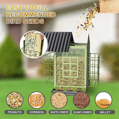 Bird Feeders for Outdoors Hanging, Metal Bird Feeder with Double Suet Cage Cake, Large Capacity, Birdfeeders Sturdy & Weatherproof, Easy to Clean & Refill, Great for Attracting Wild Birds