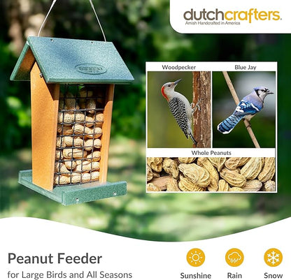 DutchCrafters Plastic Poly Hanging Whole Peanut Bird Feeder for Large Birds, Woodpeckers, Crows, Blue Jays for Outdoor, Garden, Yard - USA Amish Made (Turf Green & Cedar)