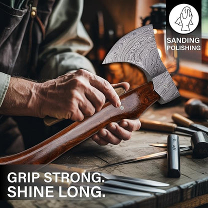 Handmade Damascus Axe with Sheath – Viking Style Hatchet with Curved Wooden Handle for Camping, Chopping & Display
